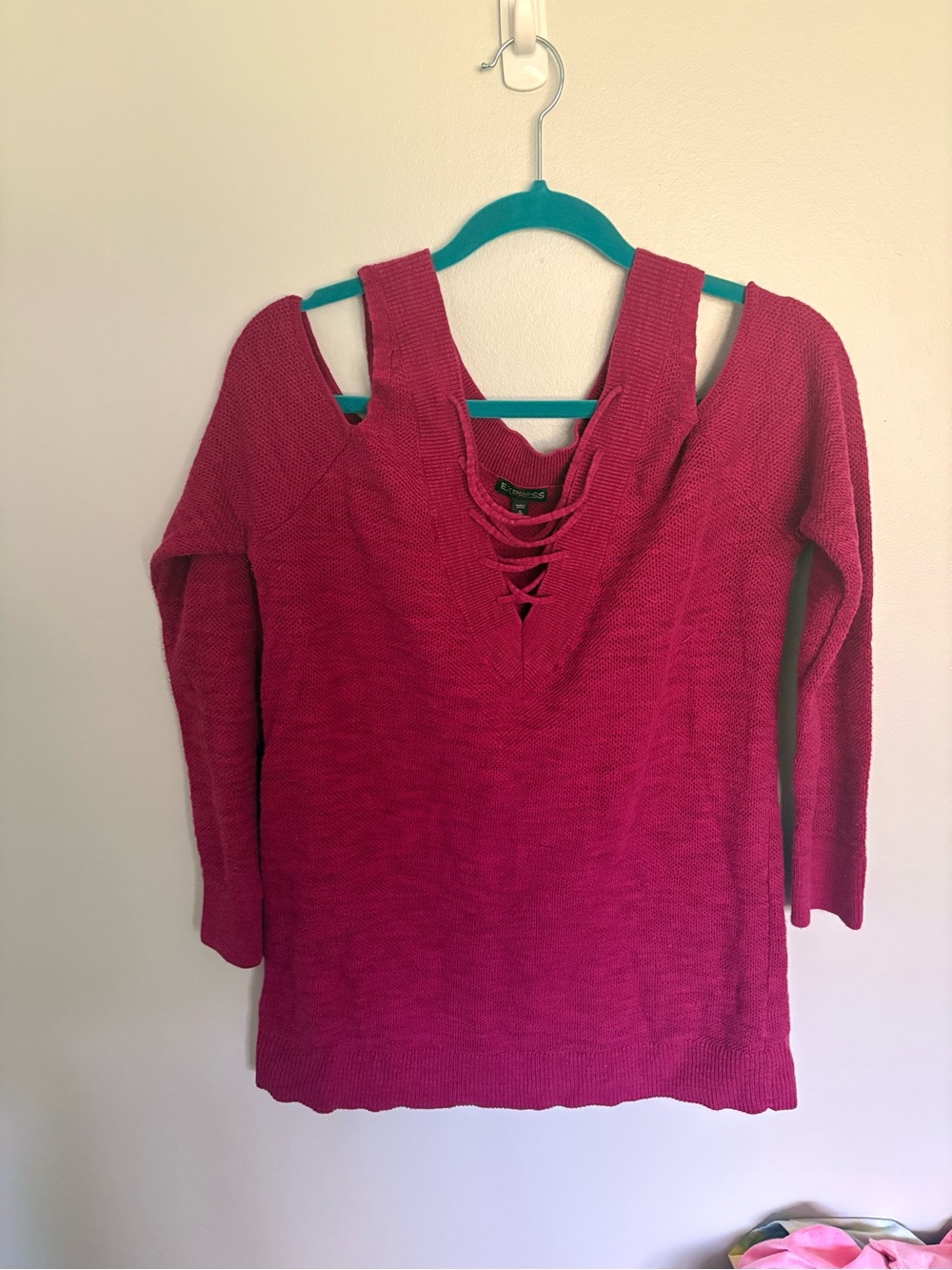 Express Pink Cold Shoulder Lace Up Knit Sweater